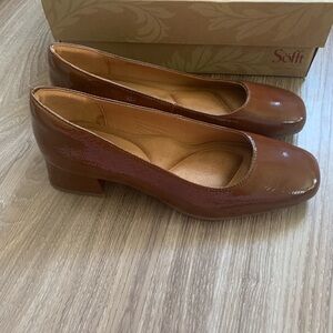 Sofft Brown Patent Leather Block Heel Pump